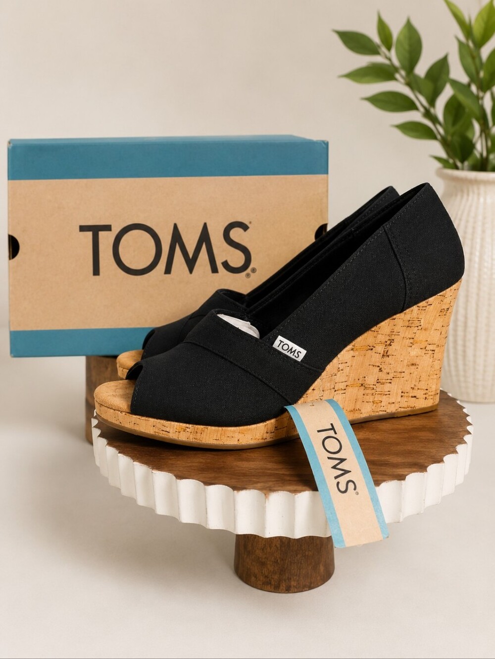TOMS Black Cork Wedge Espadrille Peep-Toe